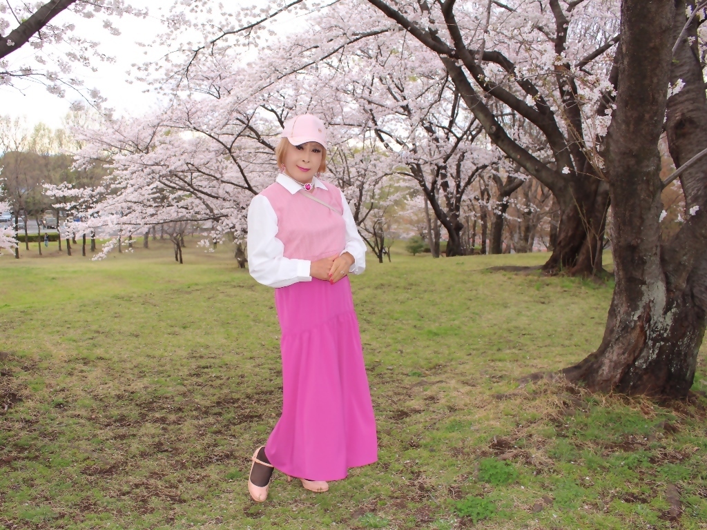 胸ピンクトップピンクマキシスカート桜背景A(3)