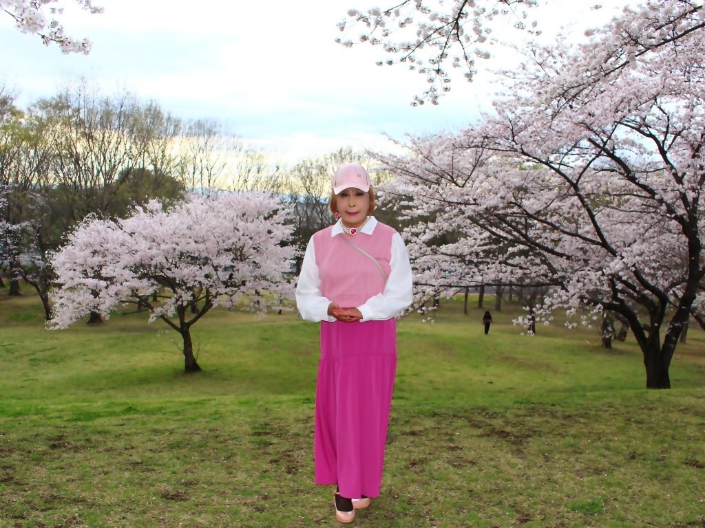胸ピンクトップピンクマキシスカート桜背景A(4)
