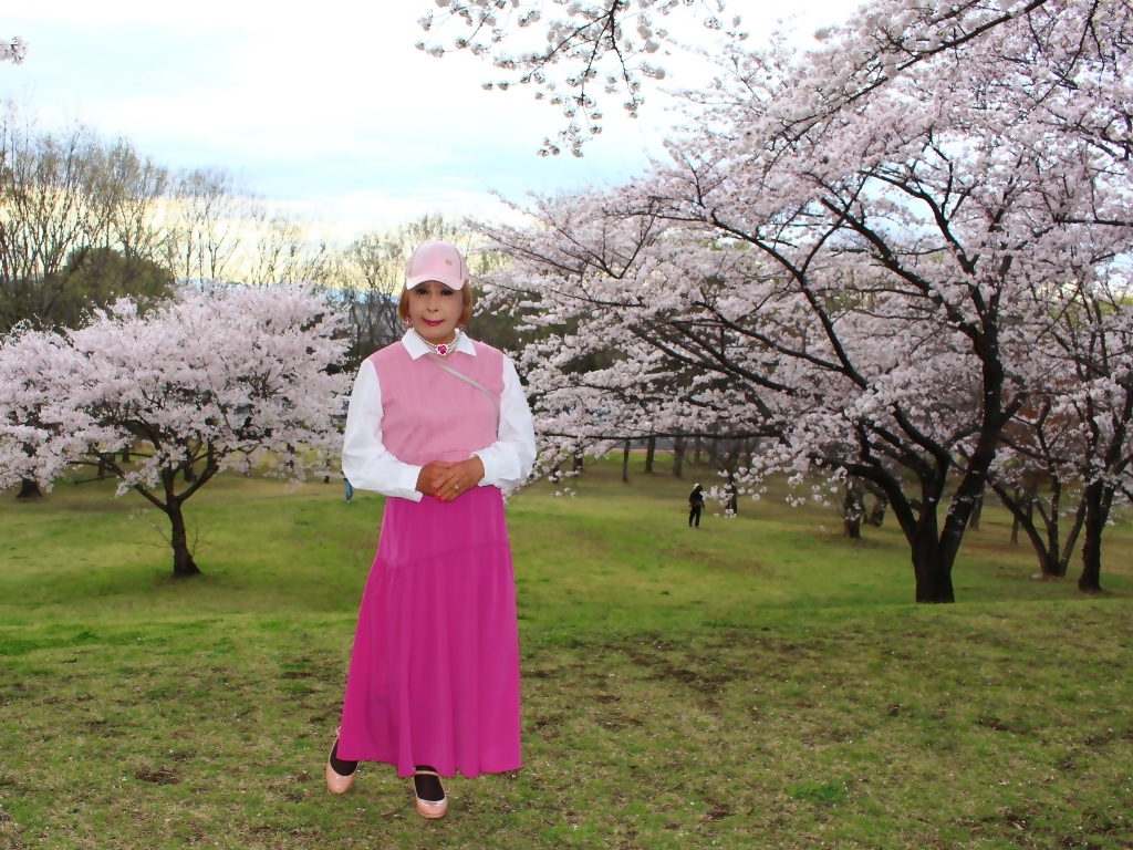 胸ピンクトップピンクマキシスカート桜背景A(5)