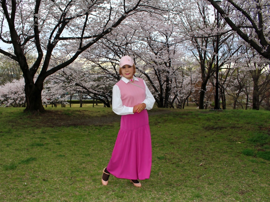 胸ピンクトップピンクマキシスカート桜背景A(6)