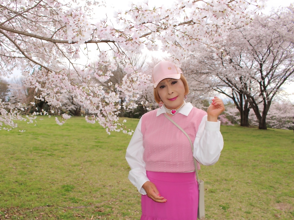 胸ピンクトップピンクマキシスカート桜背景A(10)