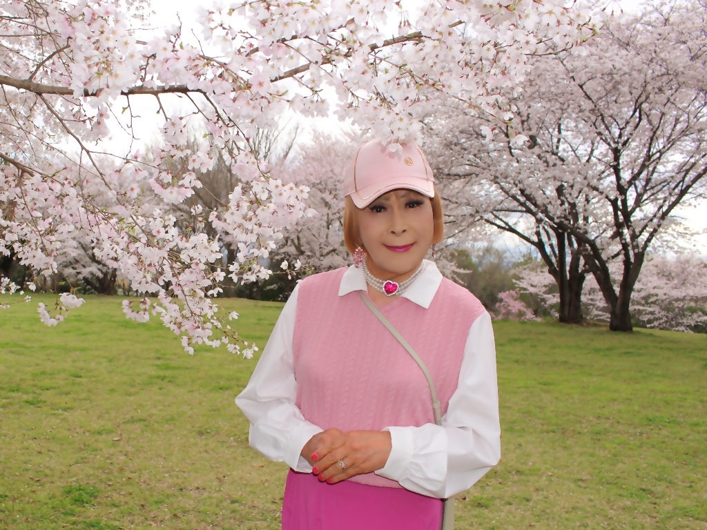 胸ピンクトップピンクマキシスカート桜背景A(11)