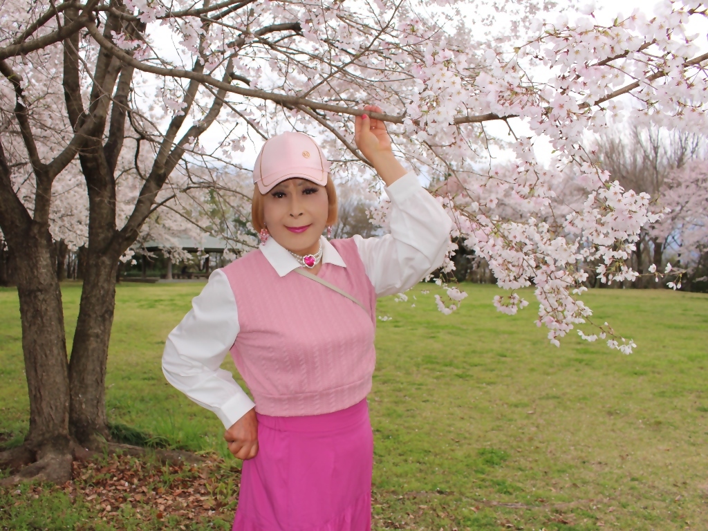 胸ピンクトップピンクマキシスカート桜背景A(12)