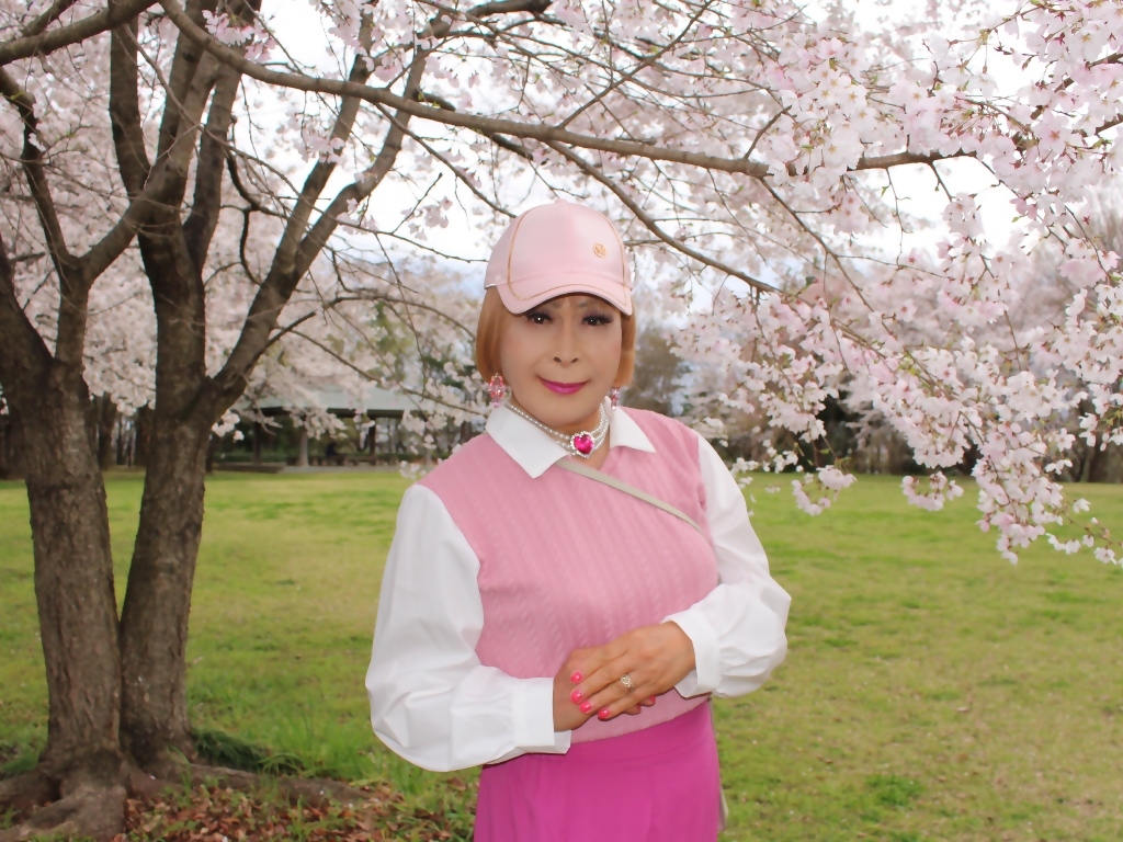 胸ピンクトップピンクマキシスカート桜背景A(13)