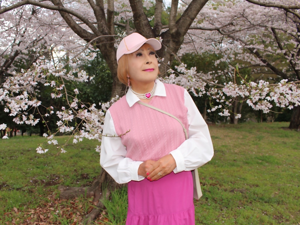 胸ピンクトップピンクマキシスカート桜背景A(14)