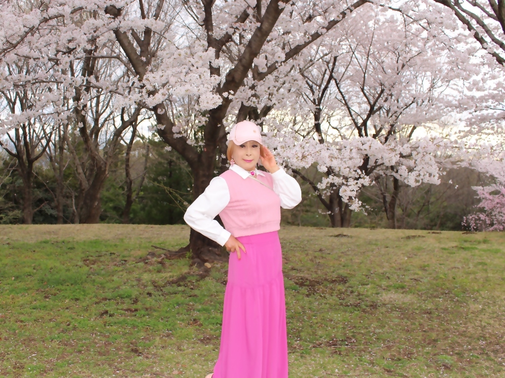 胸ピンクトップピンクマキシスカート桜背景A(15)