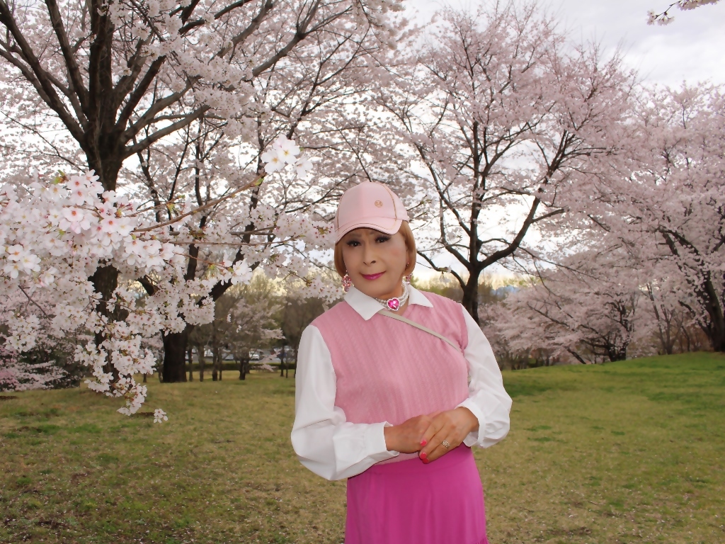 胸ピンクトップピンクマキシスカート桜背景A(16)