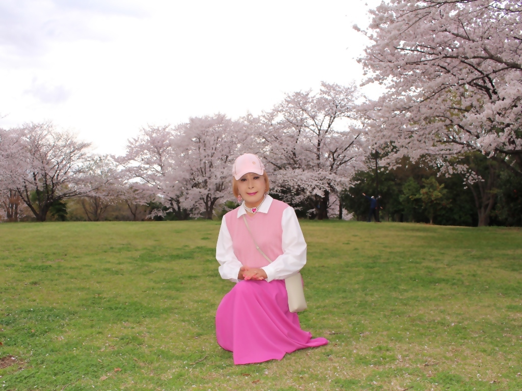 胸ピンクトップピンクマキシスカート桜背景B(2)
