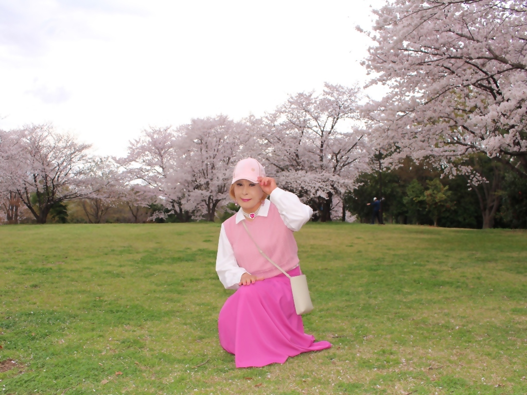 胸ピンクトップピンクマキシスカート桜背景B(3)