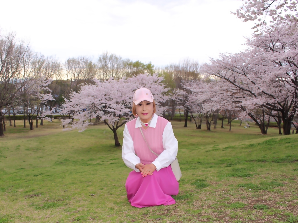 胸ピンクトップピンクマキシスカート桜背景B(4)