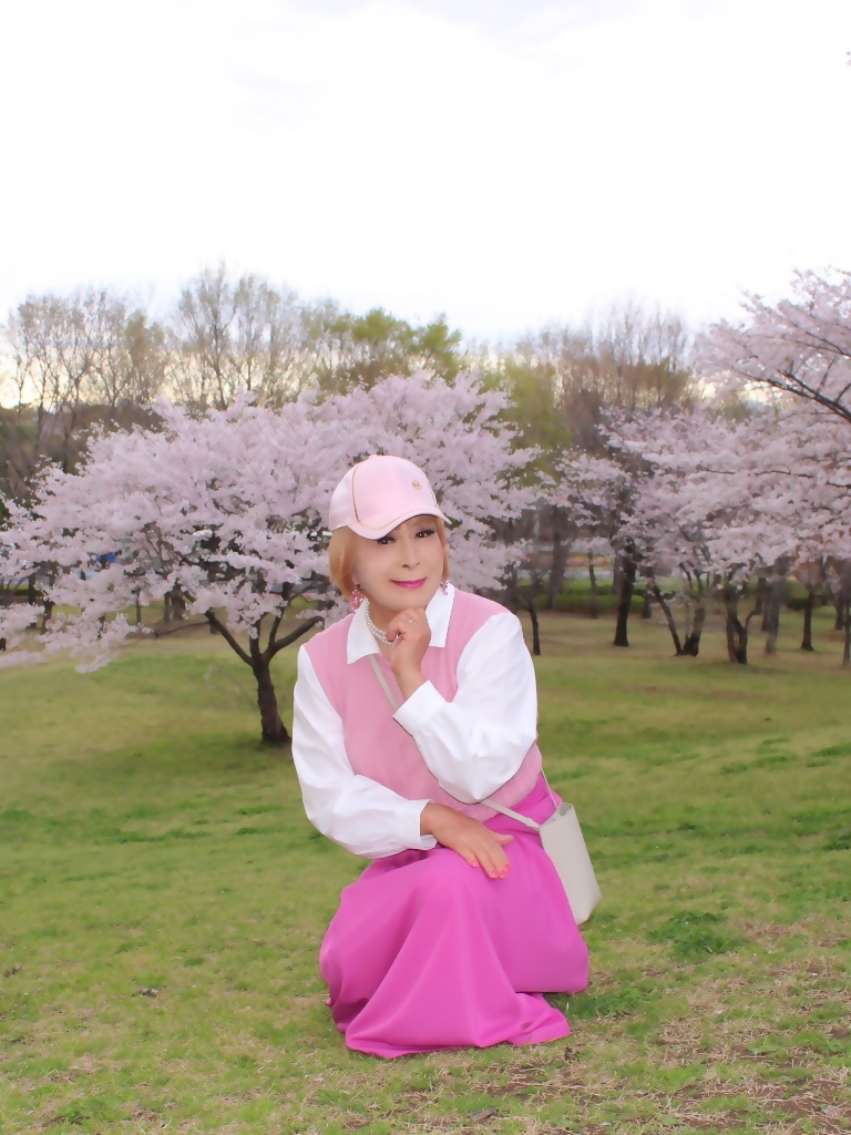 胸ピンクトップピンクマキシスカート桜背景B(5)