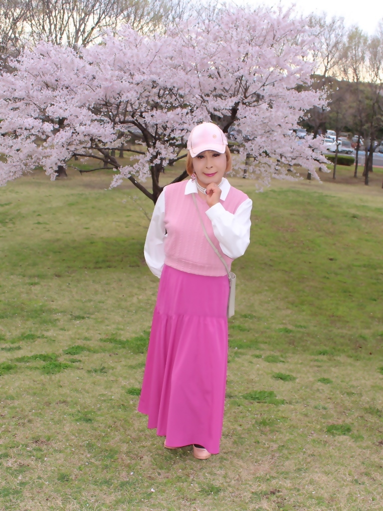 胸ピンクトップピンクマキシスカート桜背景B(6)