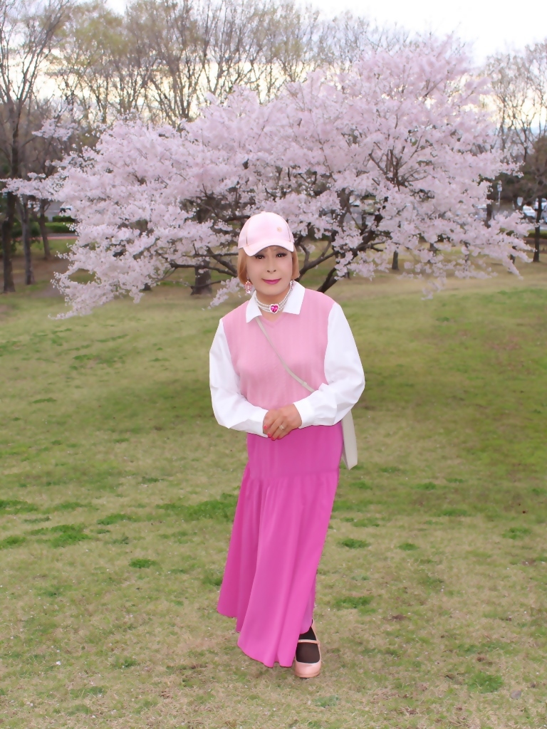 胸ピンクトップピンクマキシスカート桜背景B(7)