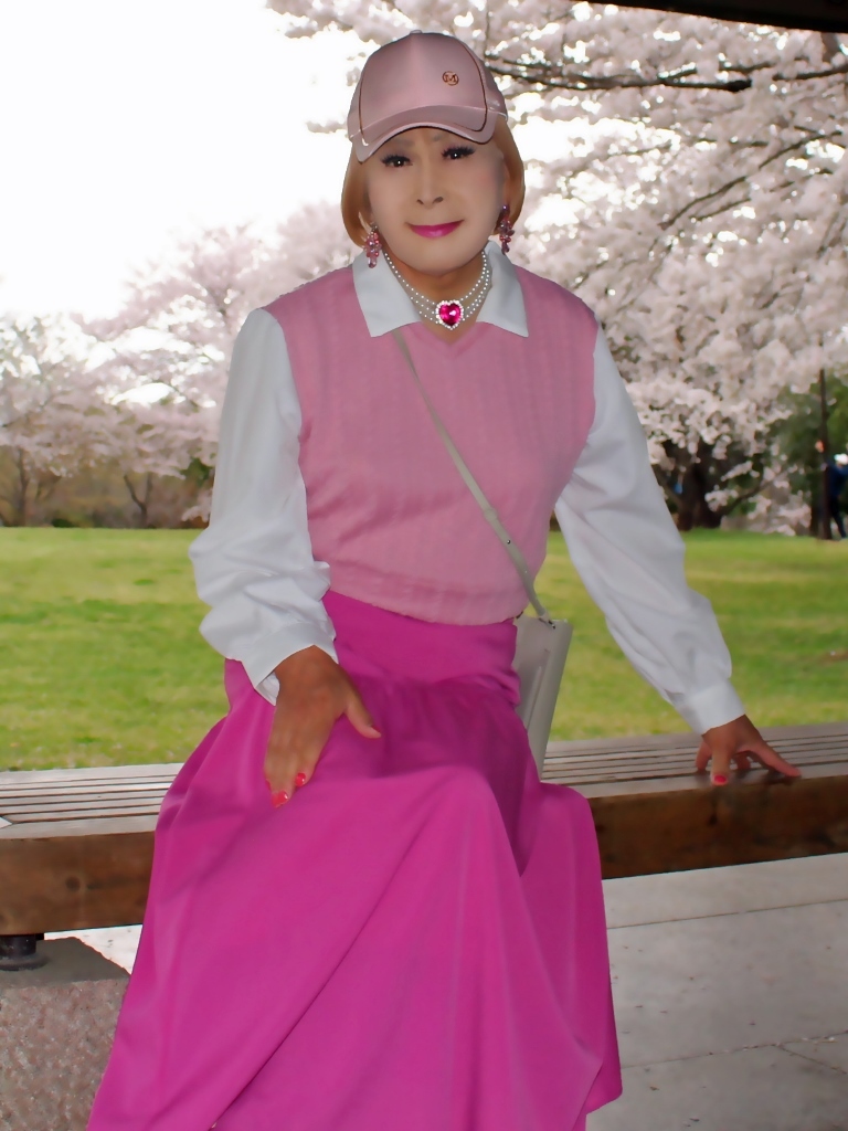 胸ピンクトップピンクマキシスカート桜背景B(14)