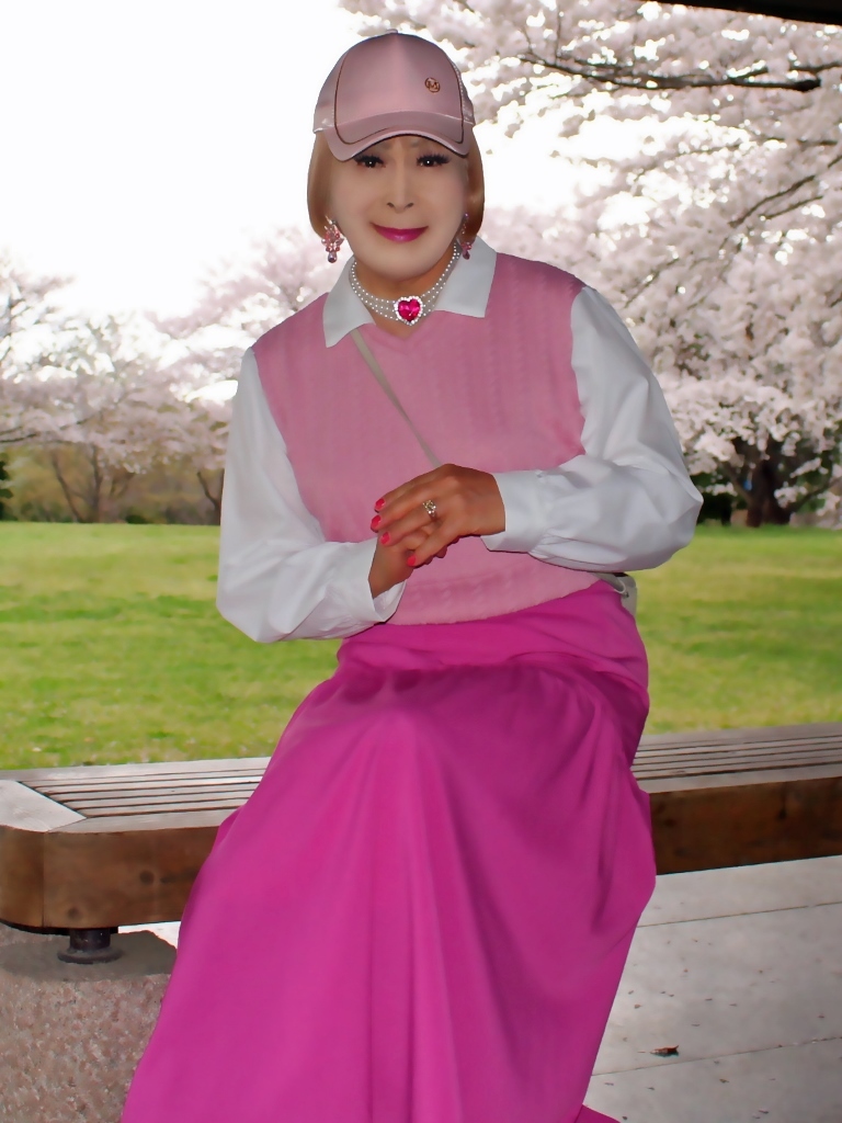 胸ピンクトップピンクマキシスカート桜背景B(16)